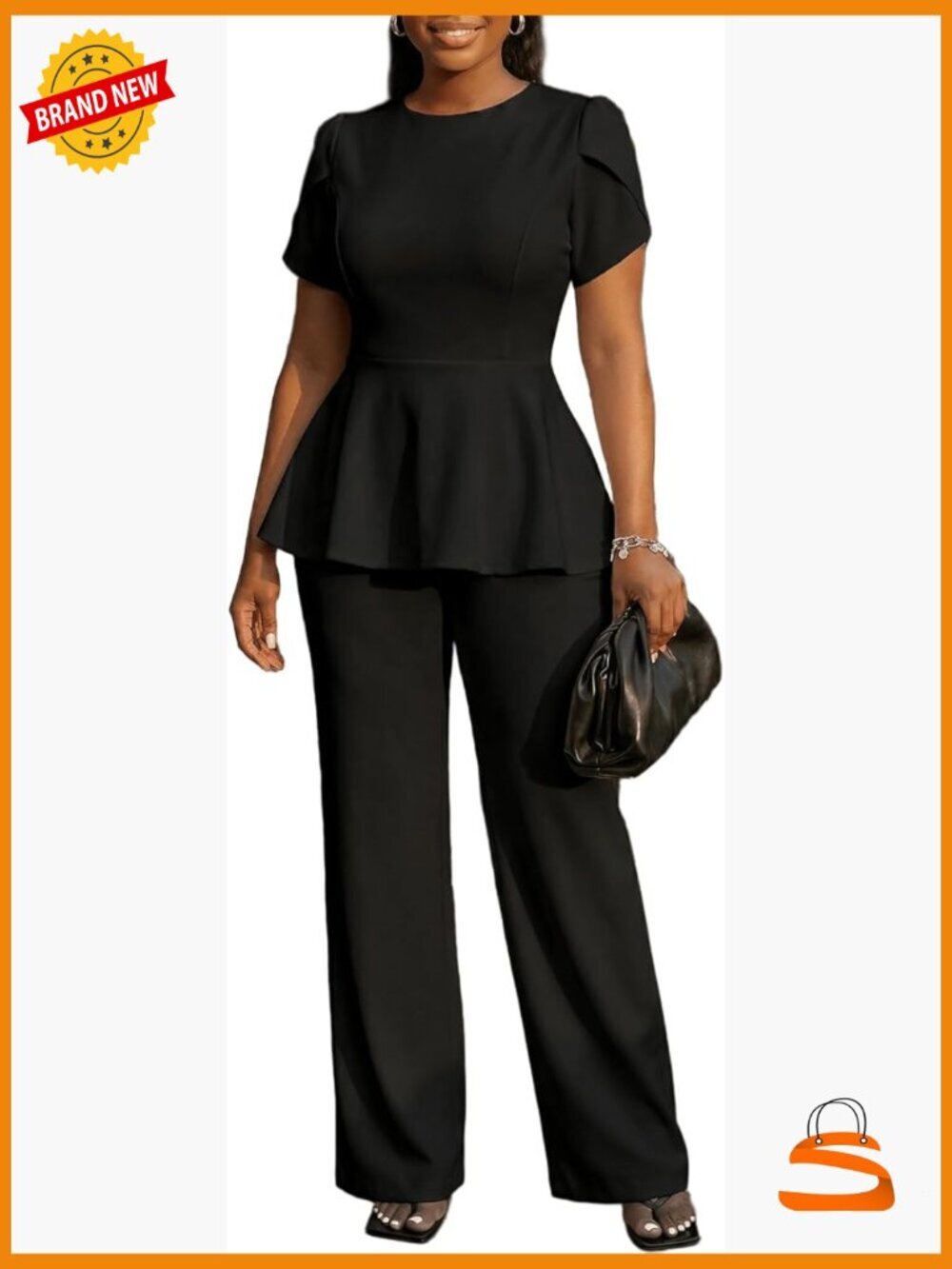 Polyester Peplum Top Pant Suit Set for Business Casual Wear